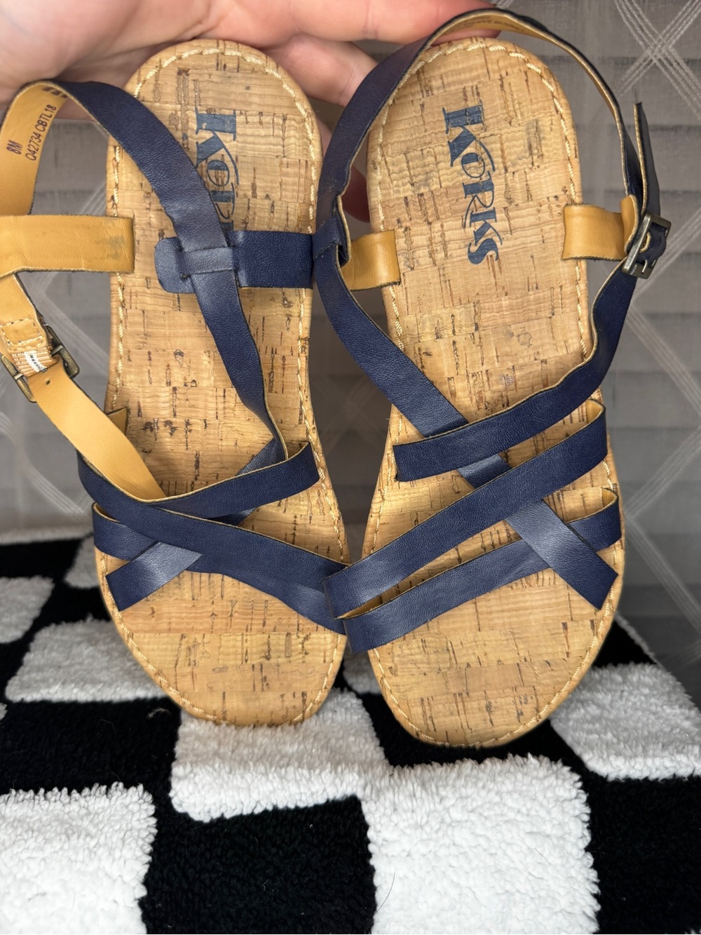 Korks Navy Blue Strappy Cork Flat Sandals Size 8